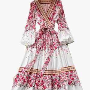 Women's Large Bohemian V-Neck Faux Wrap Elastic Waist Bell Sleeves Maxi Dress
